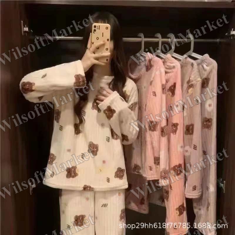 Ensemble pyjama chaud pour femme, motif ourson en velours corail