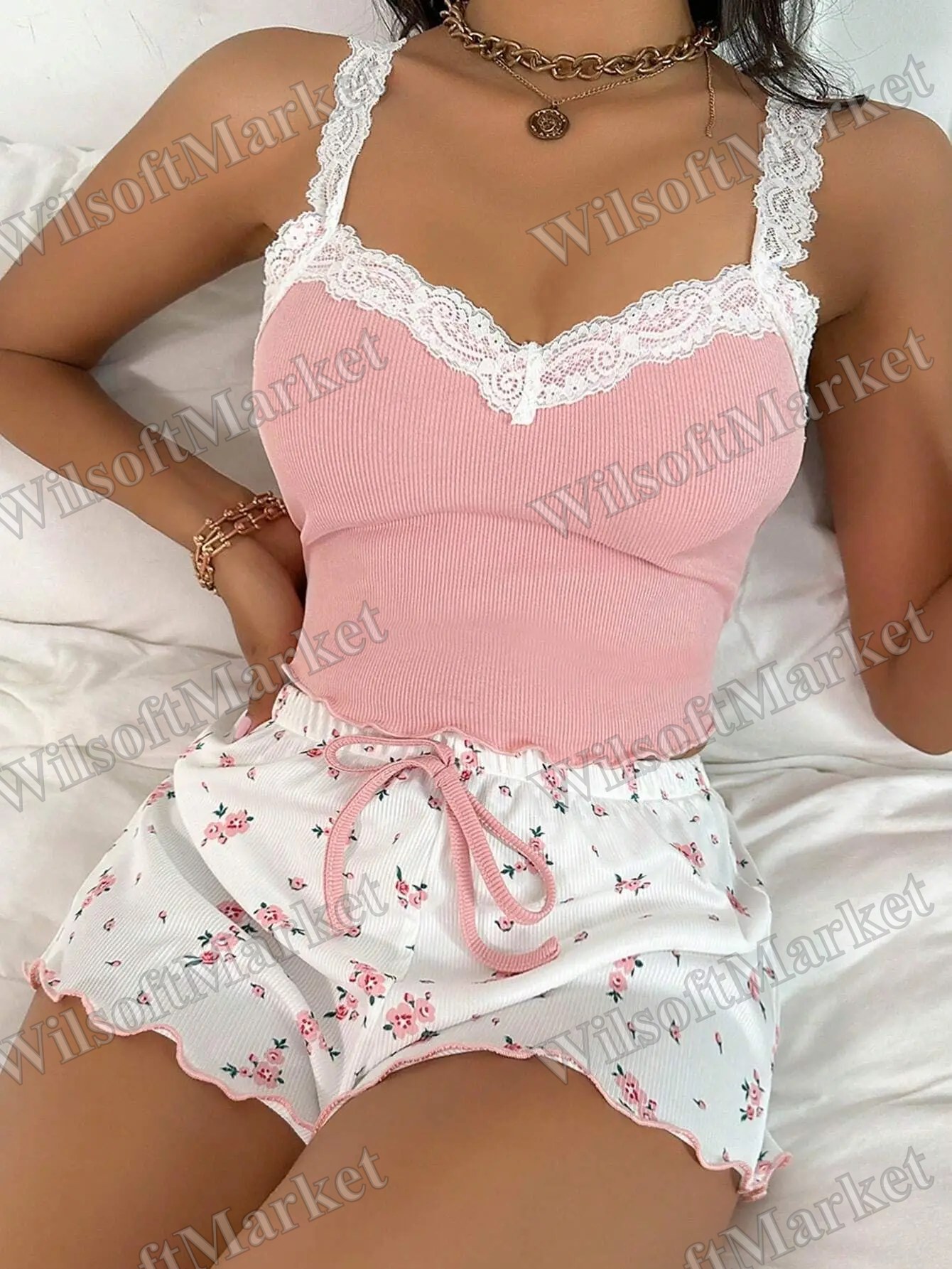 Ensemble pyjama camisole et short pour femme, dentelle