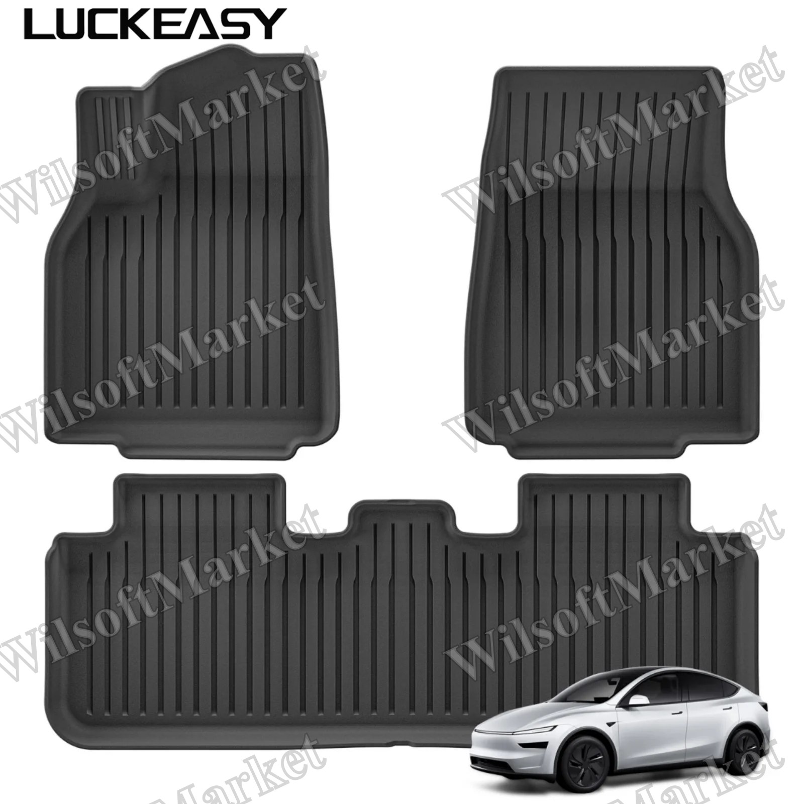 Tapis de plancher LUCKEASY pour Tesla Model Y 5 places 2025+ - Doublure de coffre Juniper TPE avec protecteur dossier noir