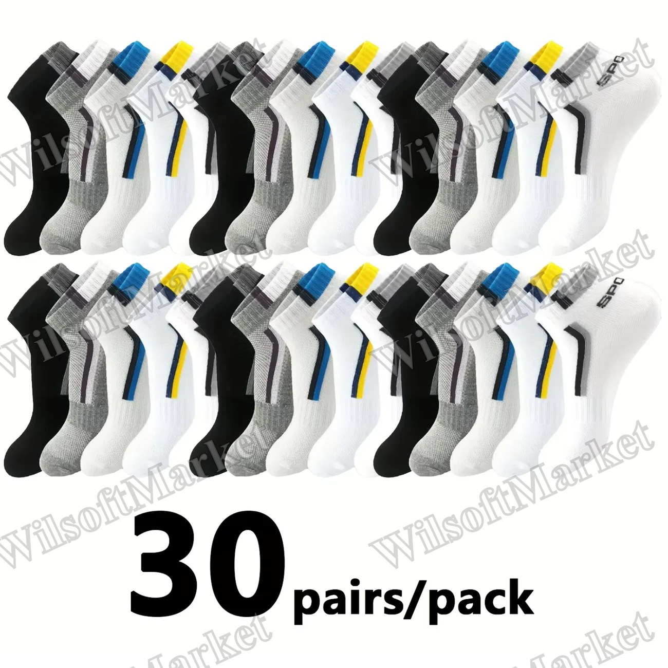 Ensemble de 30 paires de chaussettes courtes pour hommes, maille respirante, colorblock, absorption de sueur