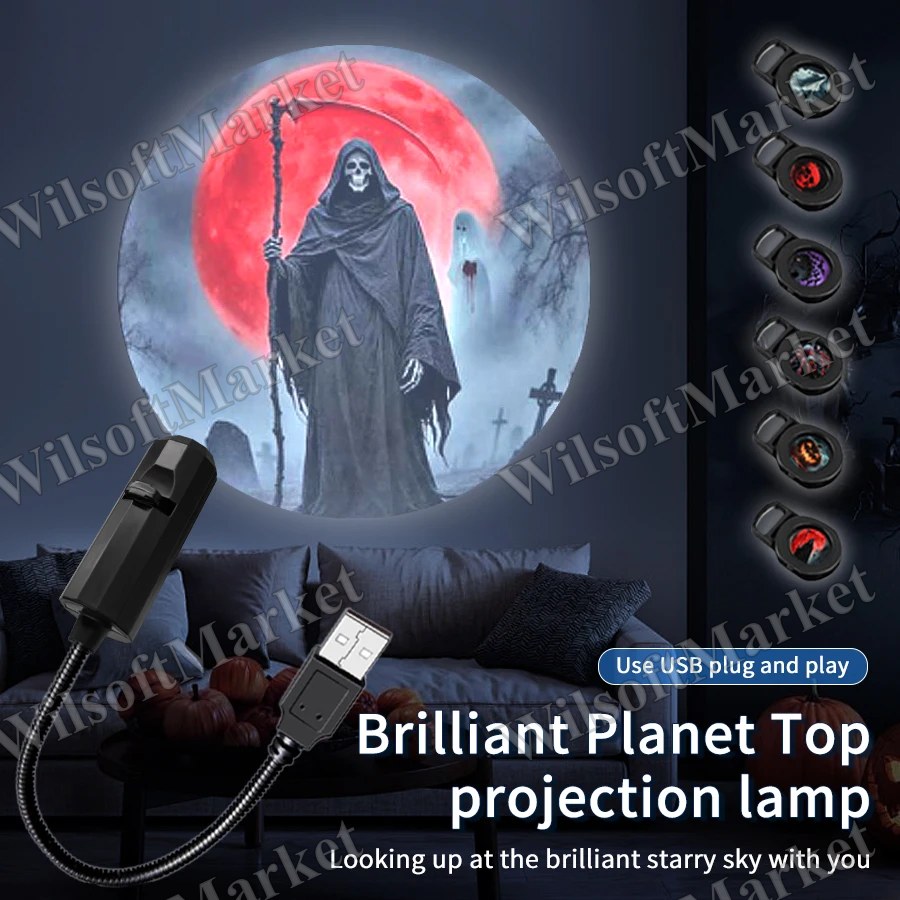 Lampe de projection USB mini thème Halloween/Noël/Planètes avec motifs interchangeables