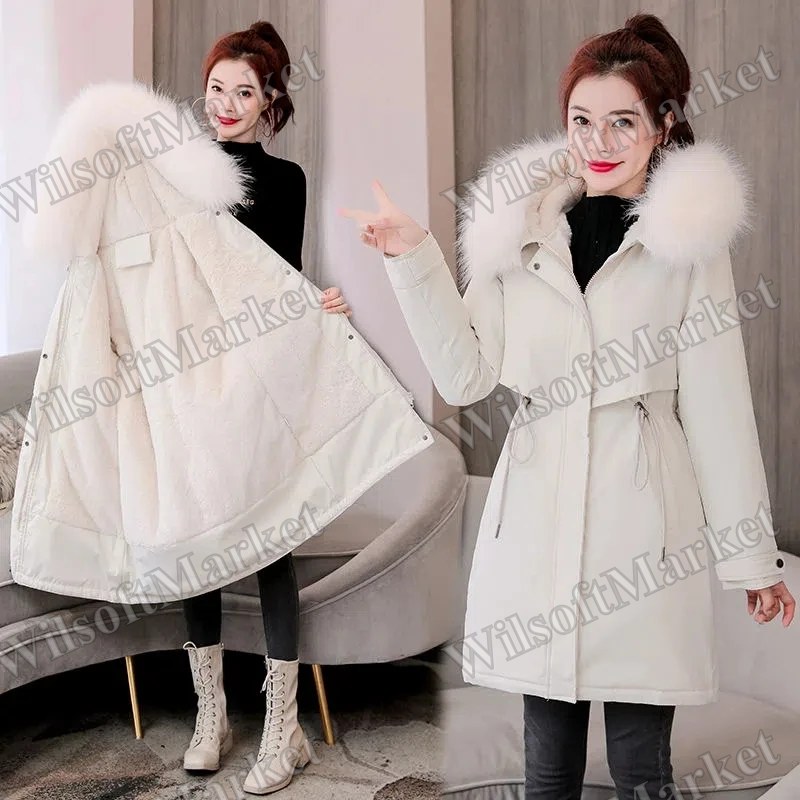Parka d'hiver pour femmes avec col de fourrure, manteau long doublé de laine, veste à capuchon épais et chaud, rembourrage pour la neige, tailles M à 6XL