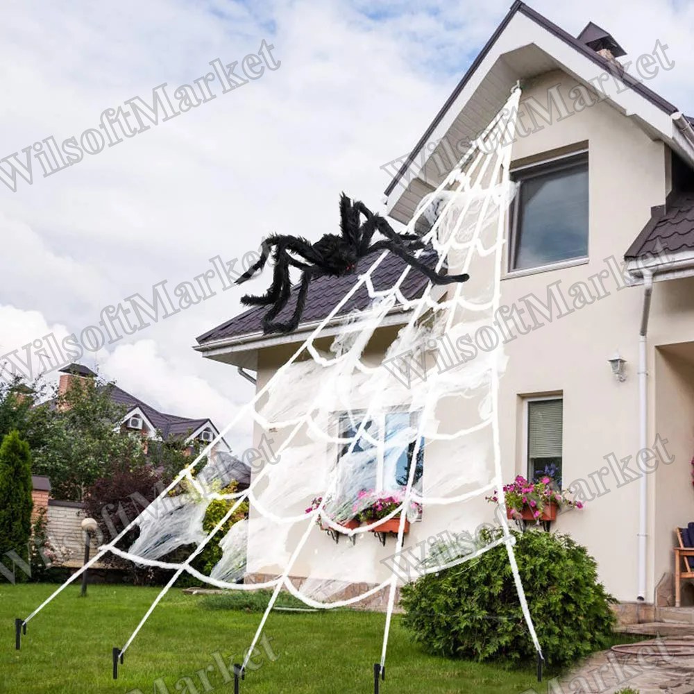 Toile d'araignée Halloween triangulaire, 5 m de large, araignée géante en peluche, décoration hantée pour maison, cour extérieure et accessoires de fête