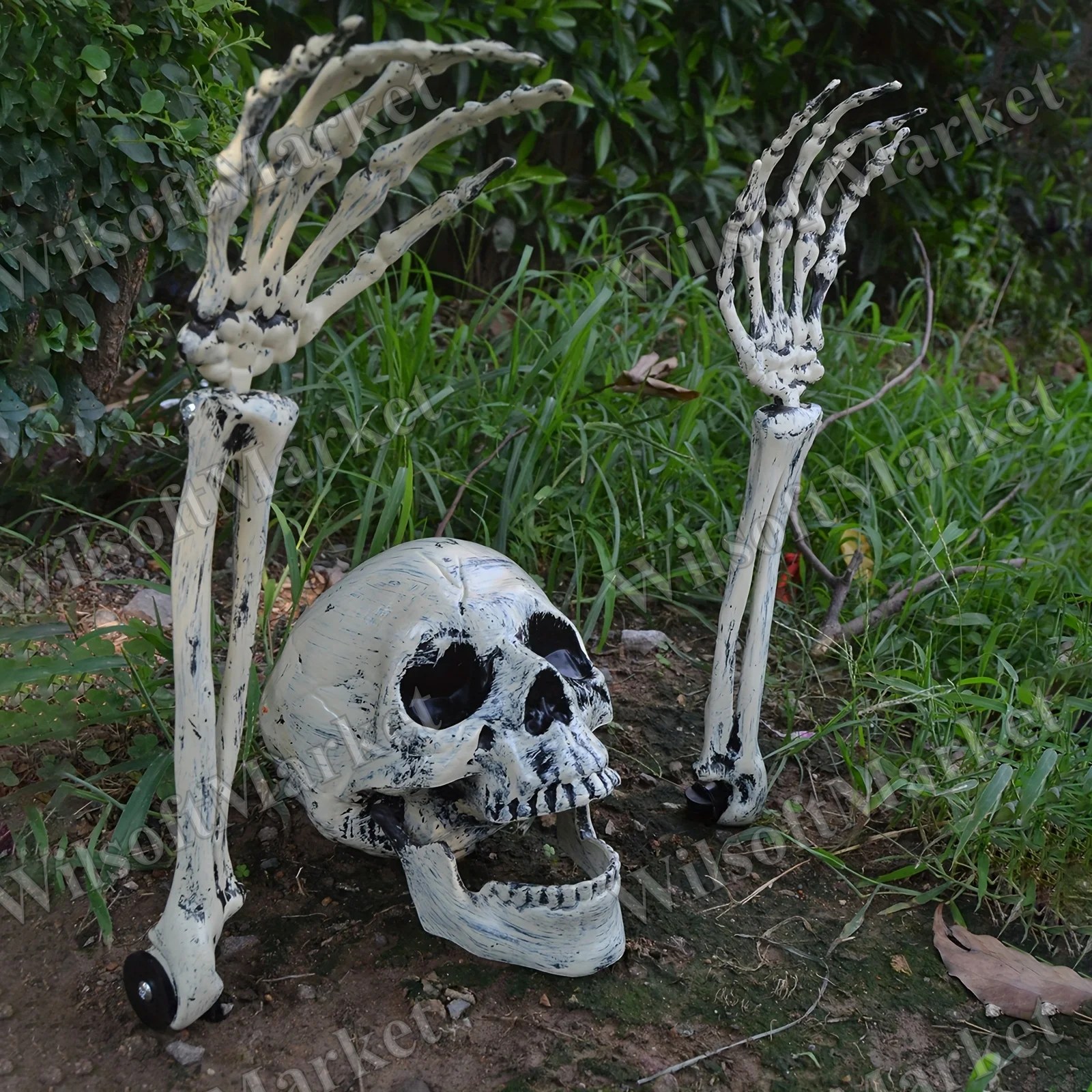 Lot de 1/6 piquets de jardin tête de squelette et main squelettique pour Halloween