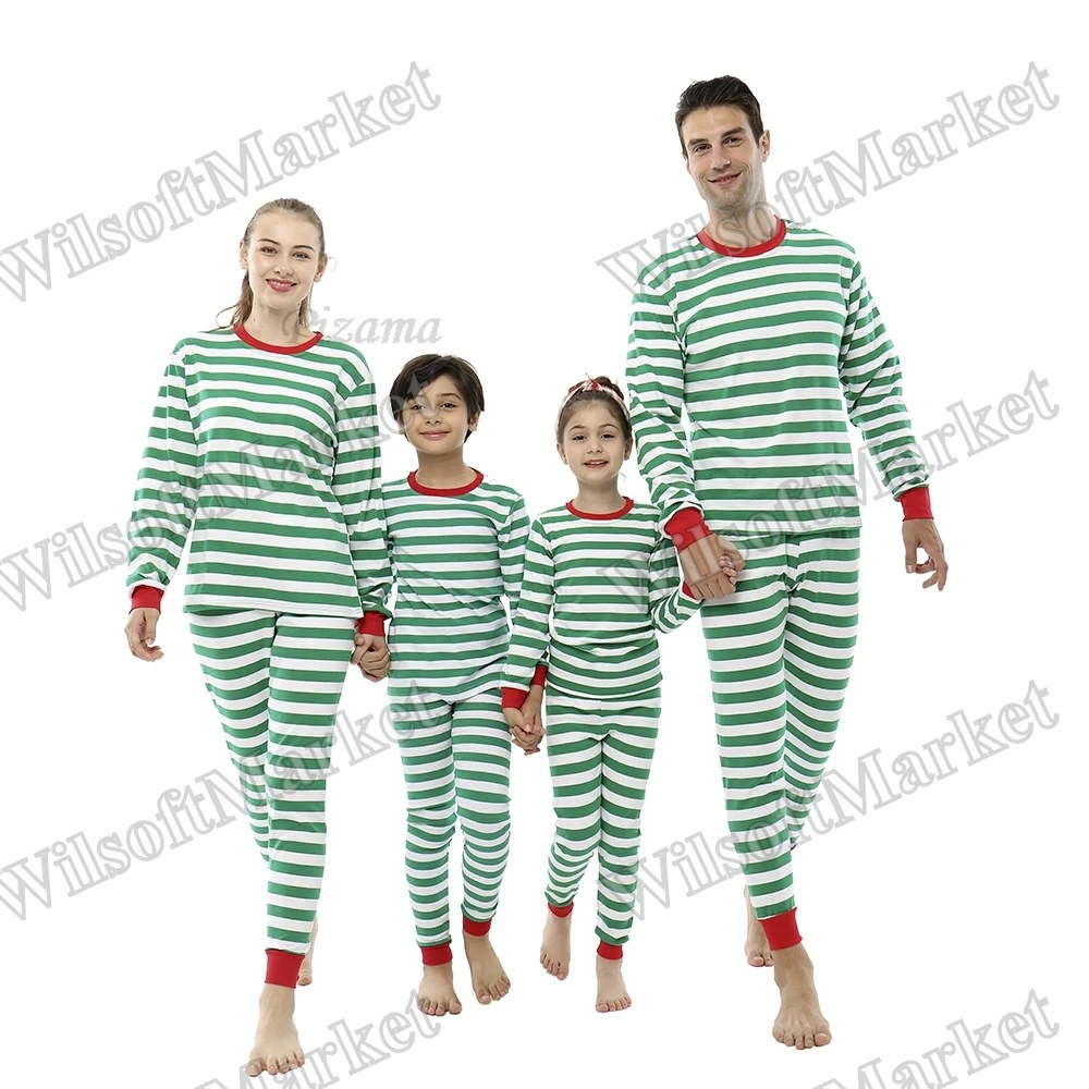 Pyjama de Noël assorti pour toute la famille - Rayures vertes et blanches en coton 100 %