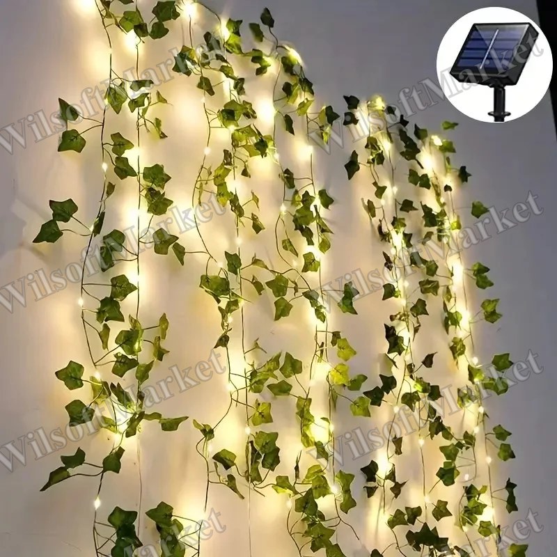 Guirlande lumineuse verte solaire 50/100 LED avec feuilles de lierre artificiel - 8 modes pour jardin, mariage et Noël