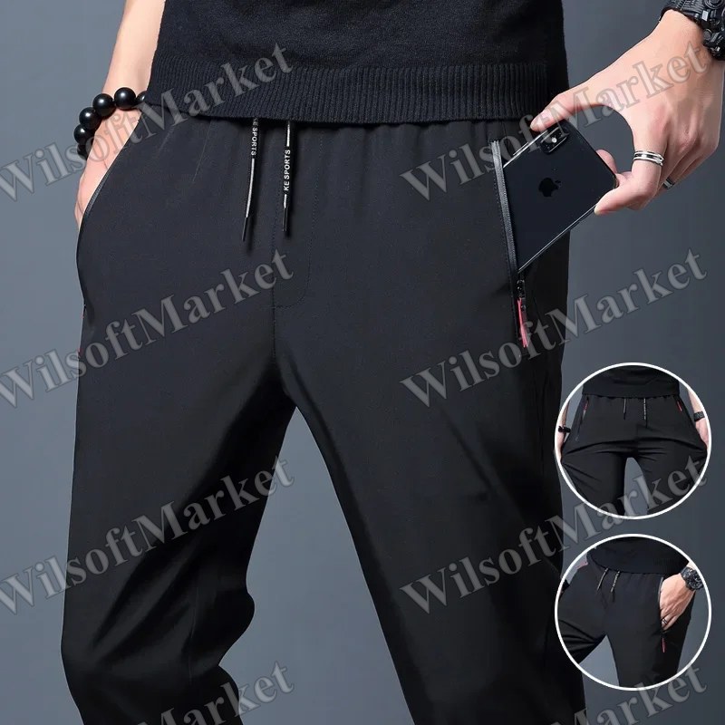 Pantalon casual homme coupe droite slim ajusté taille élastique jogger style coréen bleu marine noir gris grande taille