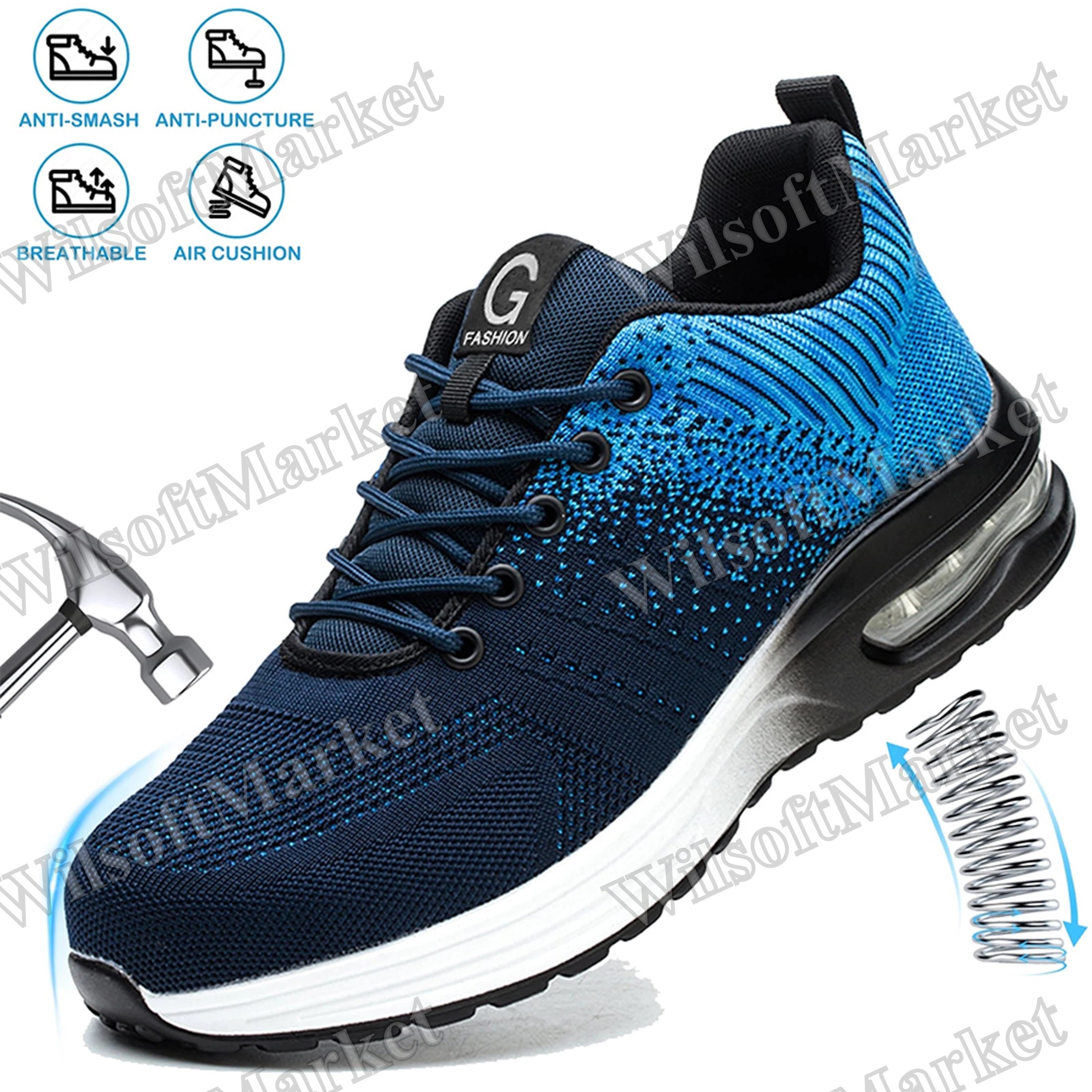 Chaussures de sécurité à embout d'acier pour hommes et femmes - Bleu, anti-écrasement, anti-perforation, légères et respirantes