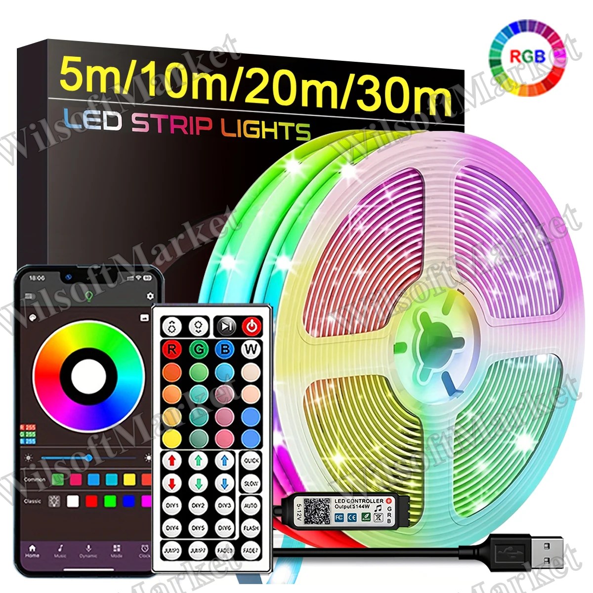 Ruban LED RGB 5m à 30m avec télécommande et contrôle par app