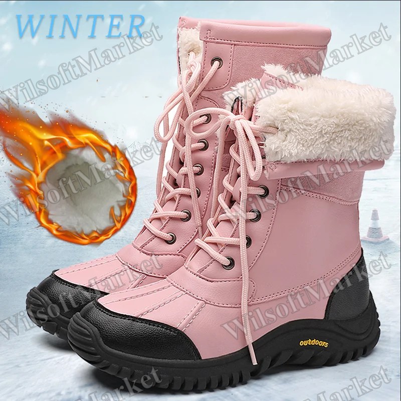 Bottes de neige pour femmes imperméables à lacets confortables mi-mollet hiver