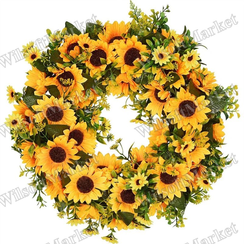 Couronne Artificielle de Tournesols Estivale 16 Pouces - Décoration Florale pour Porte d'Entrée