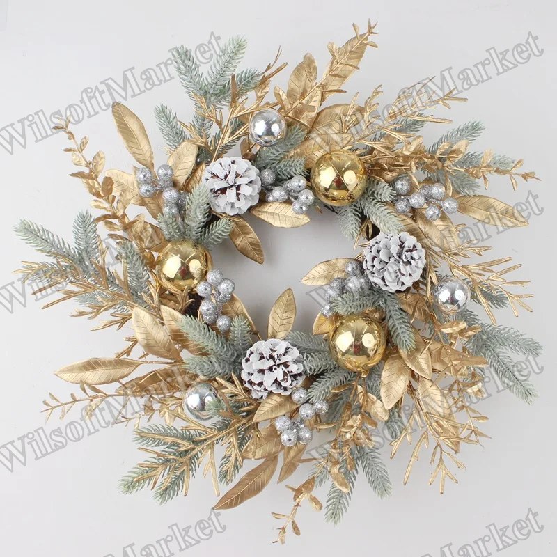 Couronne de Noël pour porte d'entrée, guirlande de fleurs dorées artificielles avec pommes de pin et rotin