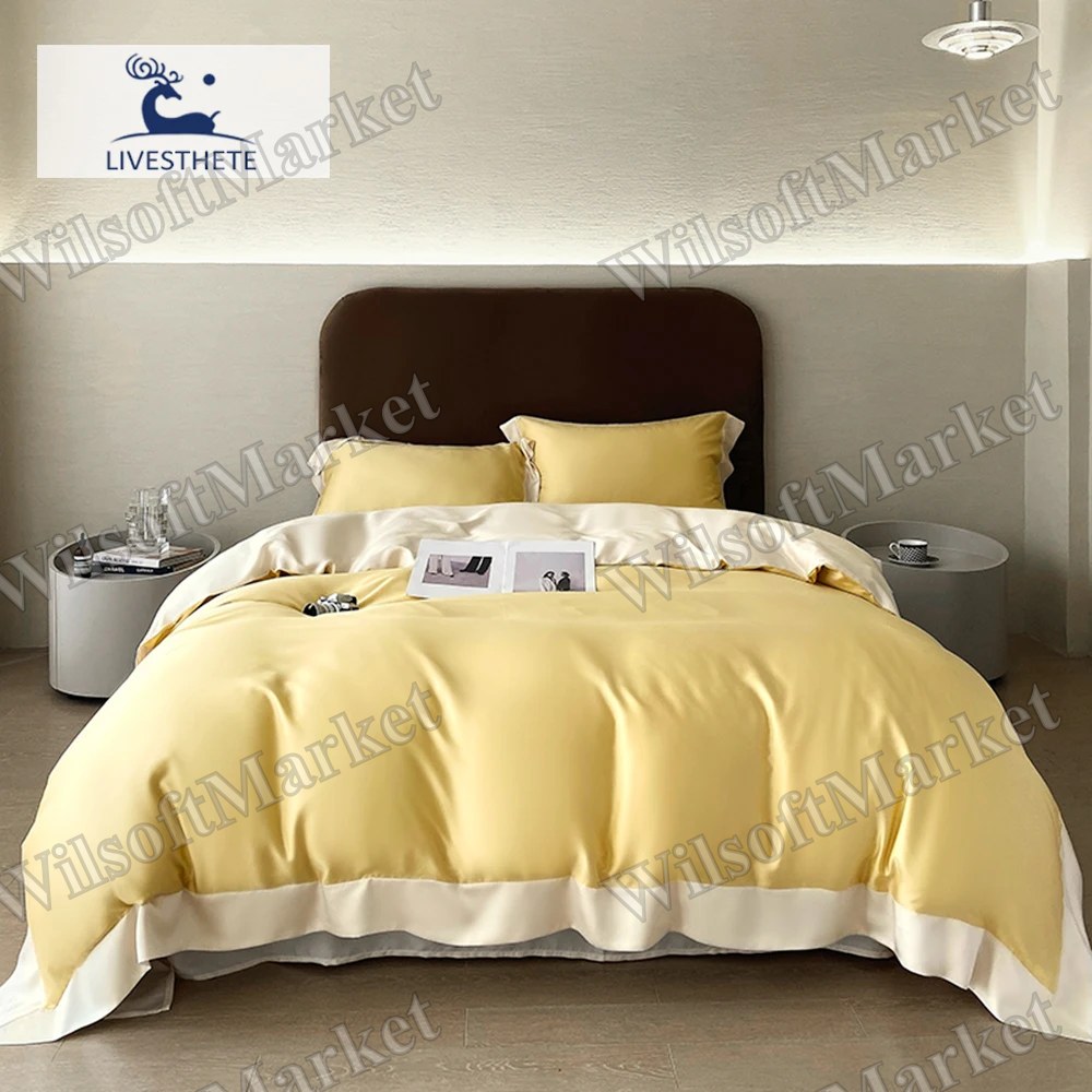 Ensemble de housse de couette en soie 100% Liv-Esthete pour lit Queen et King - Parure de lit jaune et blanc