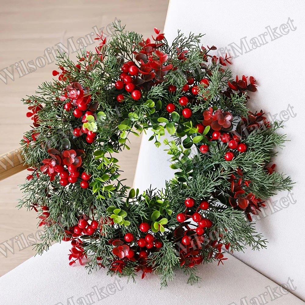 Couronne de Noël 40x40cm avec Baies Rouges pour Portes et Fenêtres