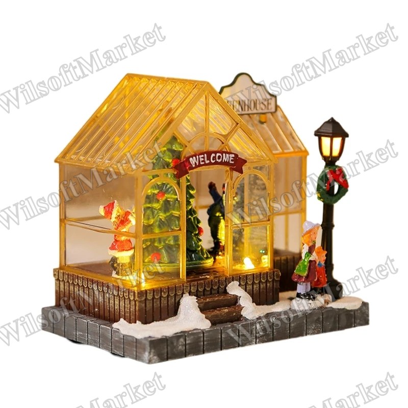 Ornement de Noël Serre Musicale avec Éclairage LED et Figurines d'Arbres Rotatifs