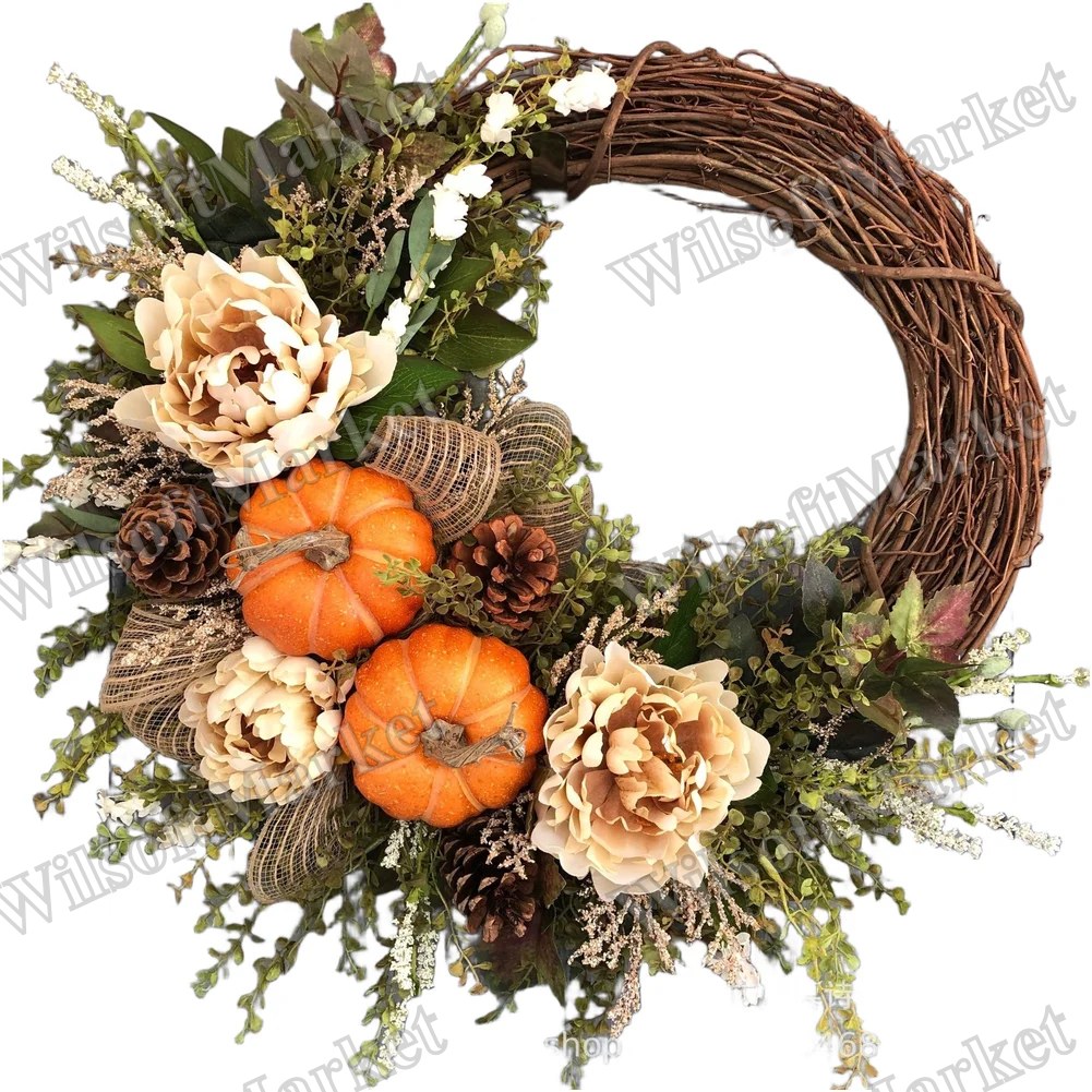Couronne de Thanksgiving avec Citrouille et Feuilles d'Érable - Décoration d'Automne pour Porte d'Entrée