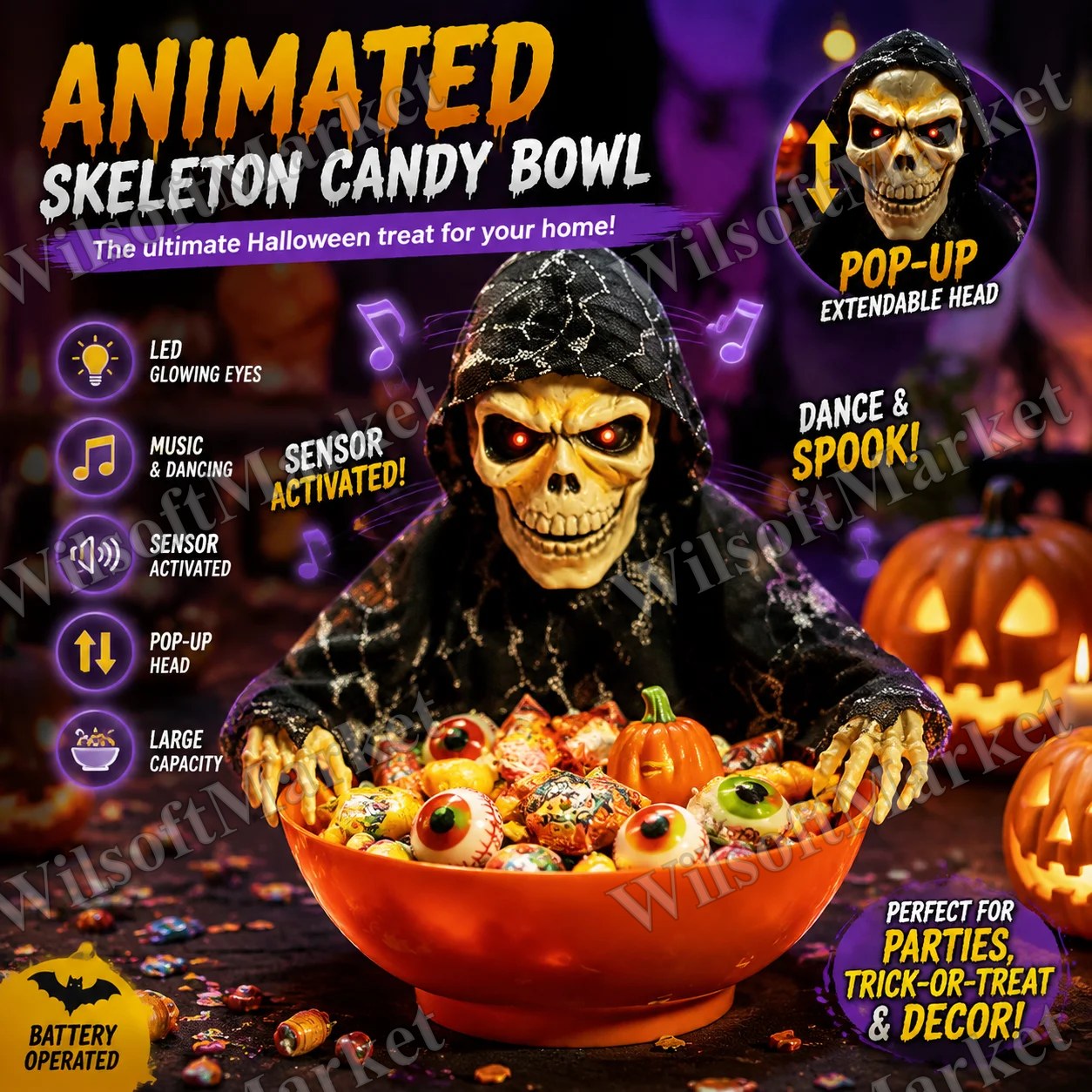Bol à bonbons squelette Halloween avec yeux rouges lumineux et effets sonores