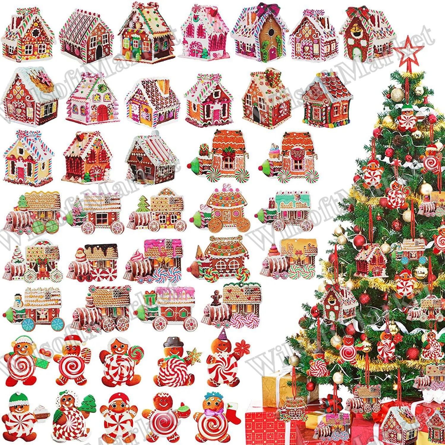 Ornement de maison de Noël en bois - Décoration de sapin peinte pour les fêtes