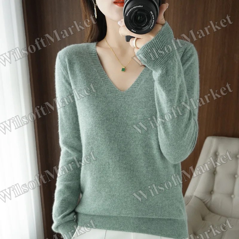 Chandail tricot col V pour femme, coupe ajustée, couleur unie, pull automne-hiver