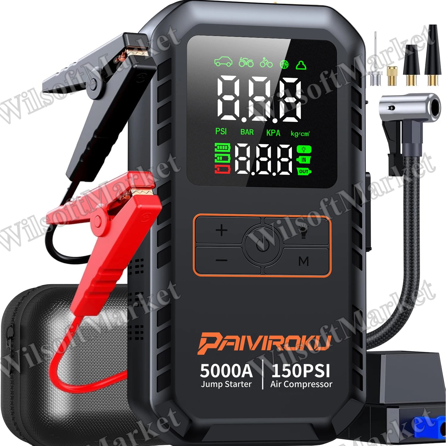 Démarreur de batterie auto 5000A avec compresseur air 150PSI et banque d'alimentation portable