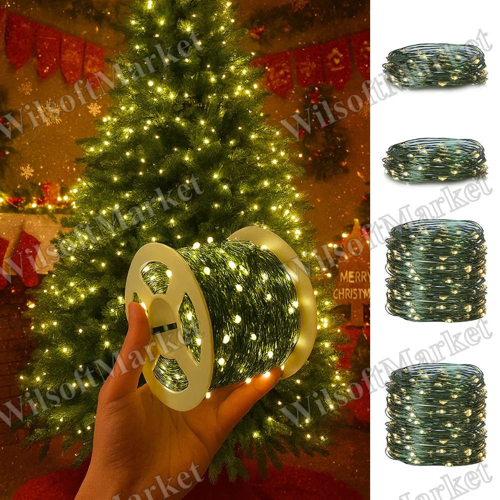 Guirlande lumineuse LED 10-50 m fil vert pour sapin de Noël, décoration extérieure fée maison jardin