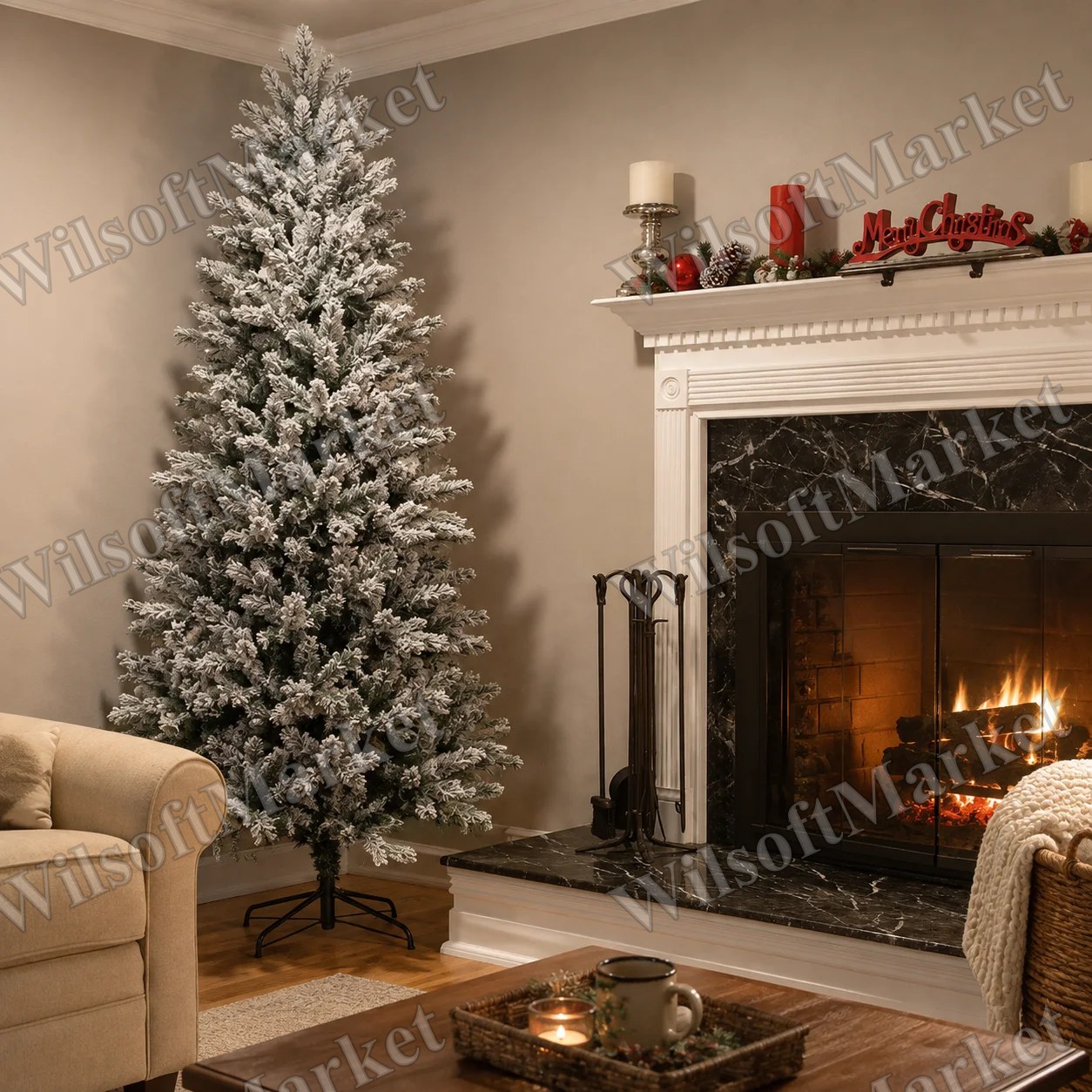 Sapin de Noël artificiel givré mince, PVC, 4-8 pi, avec ou sans guirlande LED USB