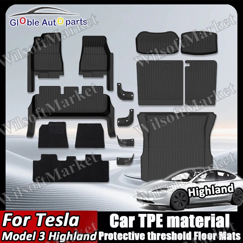 Tapis de plancher Tesla Model 3 Highland 2024+ tout compris avec bordure de seuil en TPE