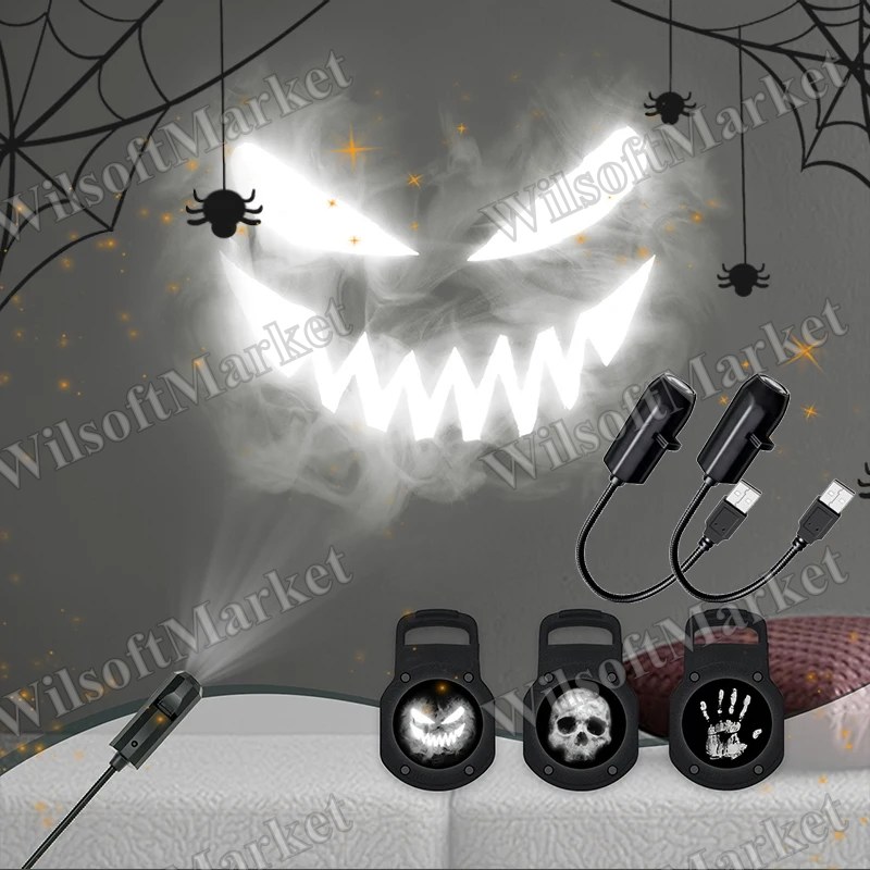 Projecteur Halloween USB Crâne Veilleuse Fantôme Lampe LED 360° Rotation Motifs Interchangeables