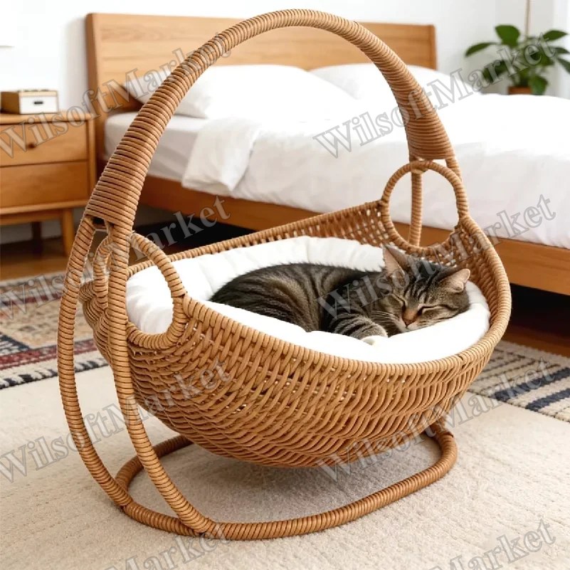 Lit pour chat semi-fermé en rotin tissé - Niche confortable et étanche pour chat d'intérieur