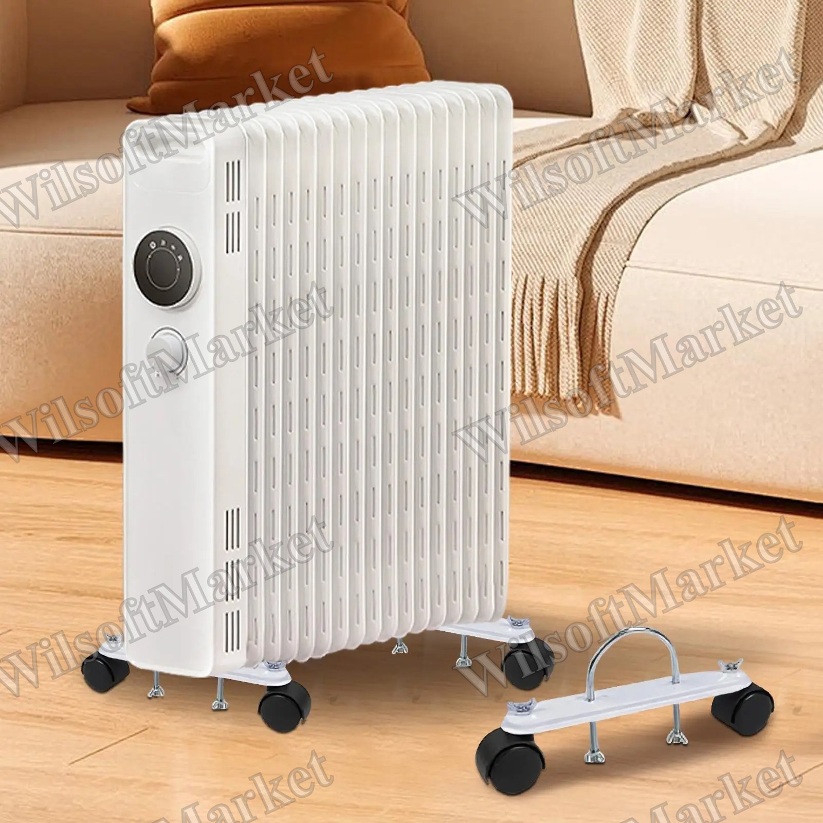 Ensemble de 2 supports roulants pour radiateur électrique à bain d'huile avec roulettes pivotantes 360°