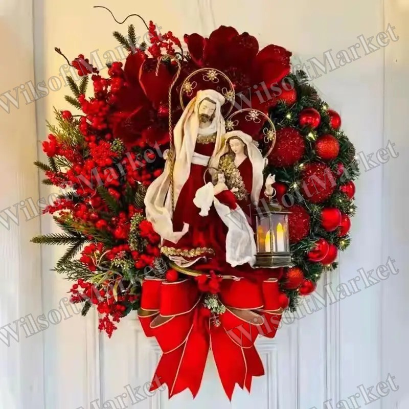 Couronne de Noël 40 cm avec lanterne pour porte d'entrée, guirlande avec grand nœud