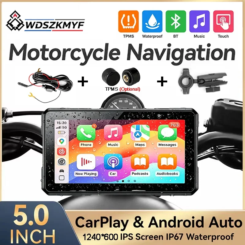Écran GPS moto 5 pouces IP67 étanche, écran tactile, CarPlay et Android Auto sans fil, Bluetooth, TPMS en option