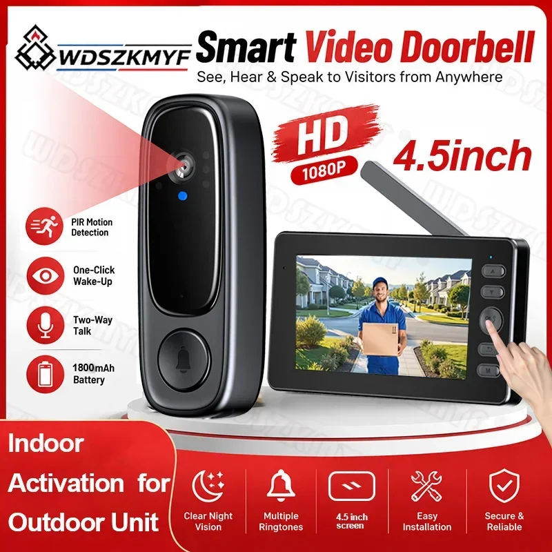 Sonnette Vidéo WiFi avec Écran 4,5" 1080P pour Entrée, Interphone Bidirectionnel, Batterie 1800mAh, Vision Nocturne, Moniteur Extérieur