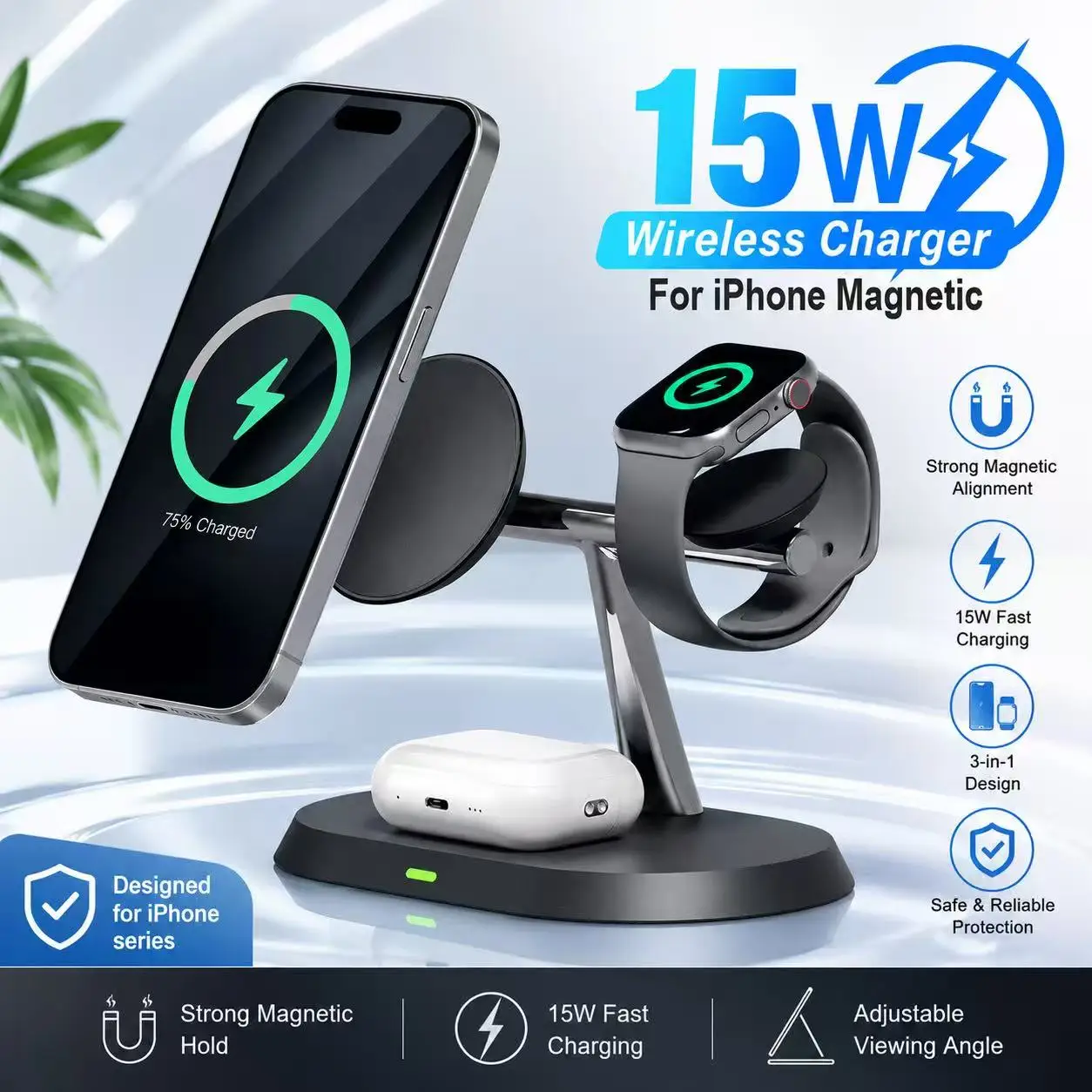 Station de recharge sans fil MagSafe 3 en 1 pour iPhone, Apple Watch 8/7 et AirPods Pro