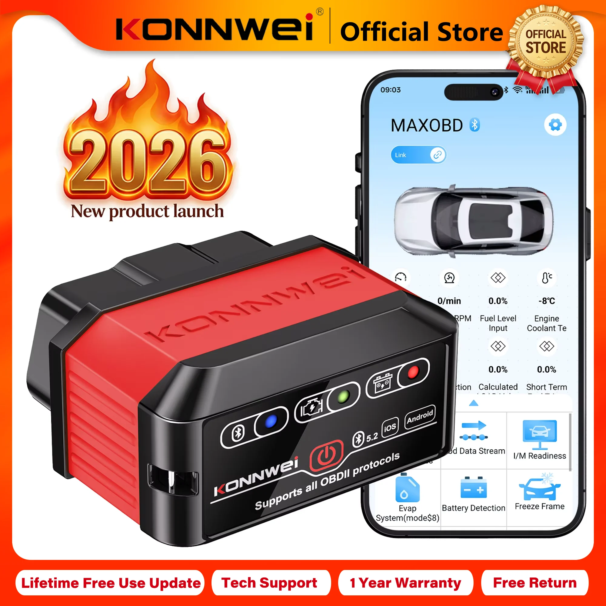 Lecteur de code OBD2 Bluetooth 5.0 KONNWEI KW905 pour Android et iOS