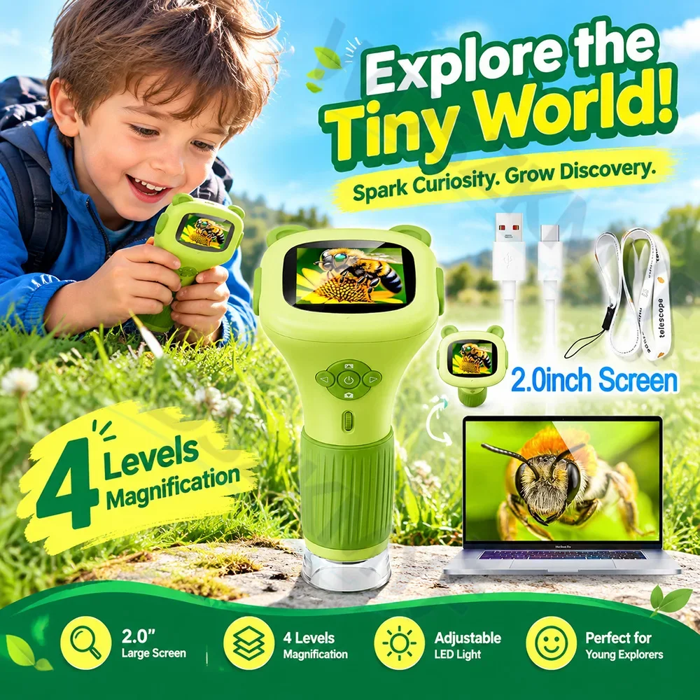 Microscope numérique pour enfants 1000X avec écran 2 pouces, caméra et cordon