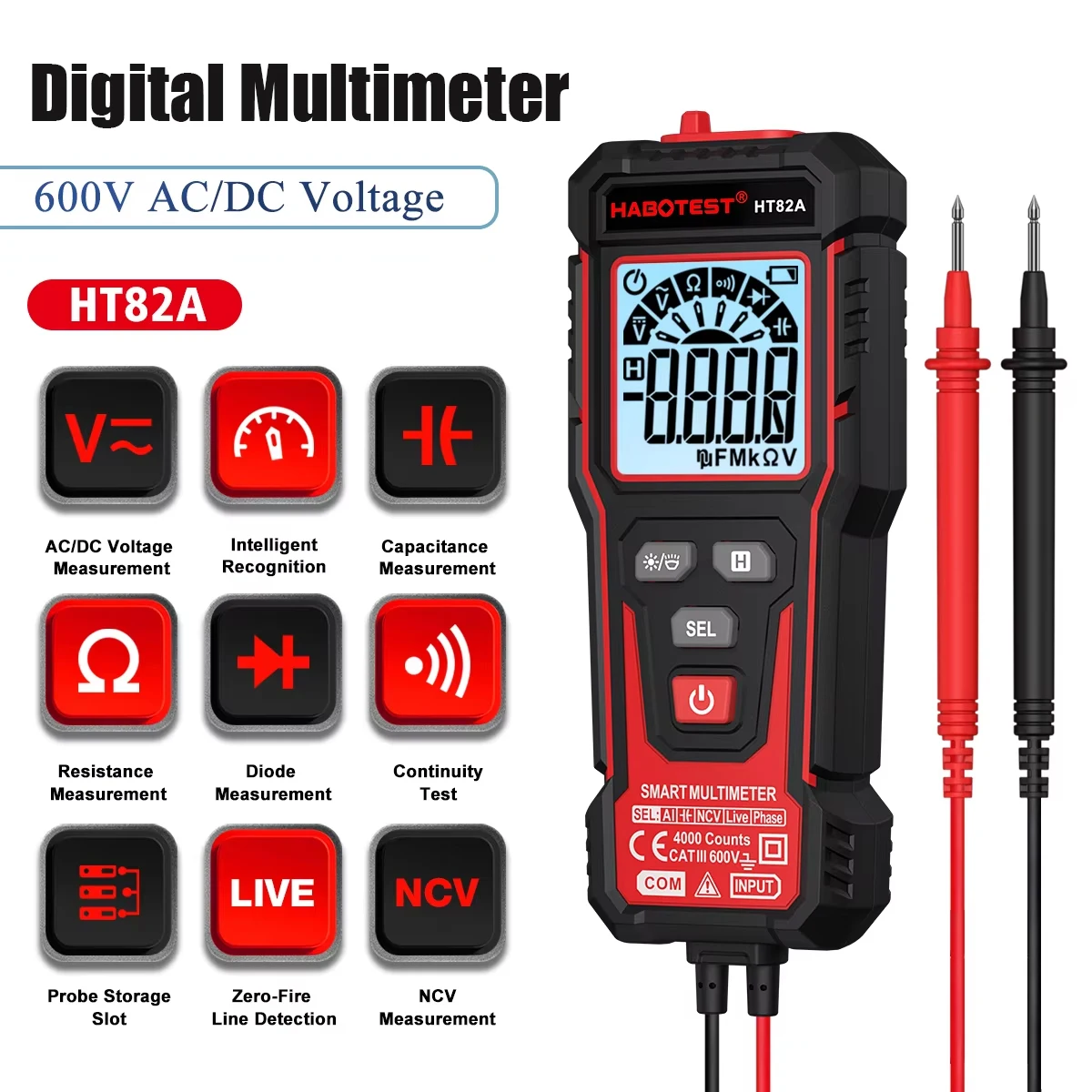 Multimètre Numérique Intelligent 4000 Comptes 600V AC/DC avec Détection de Tension et Rétroéclairage