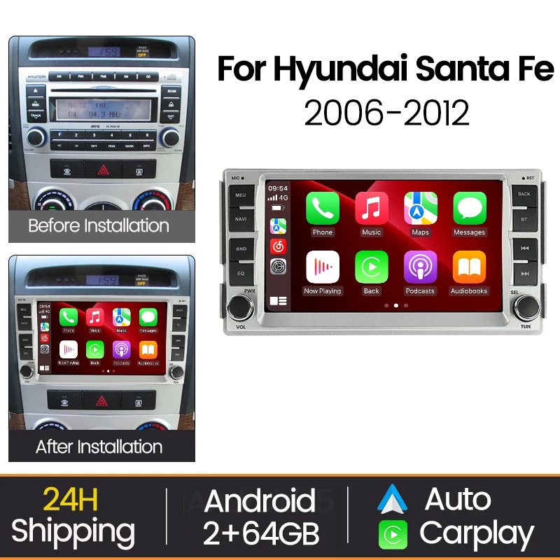 Autoradio MEKEDE sans fil CarPlay Android Auto pour Hyundai Santa Fe 2006-2012