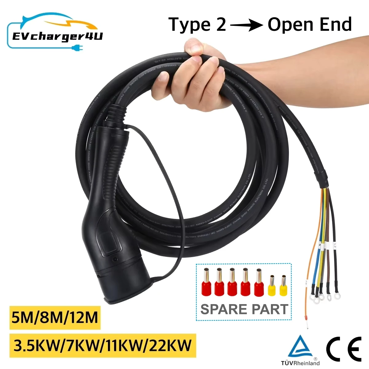 Câble de recharge EV EVcharger4U Type 2 IEC62196 – 3,5 à 22 kW pour bornes de recharge