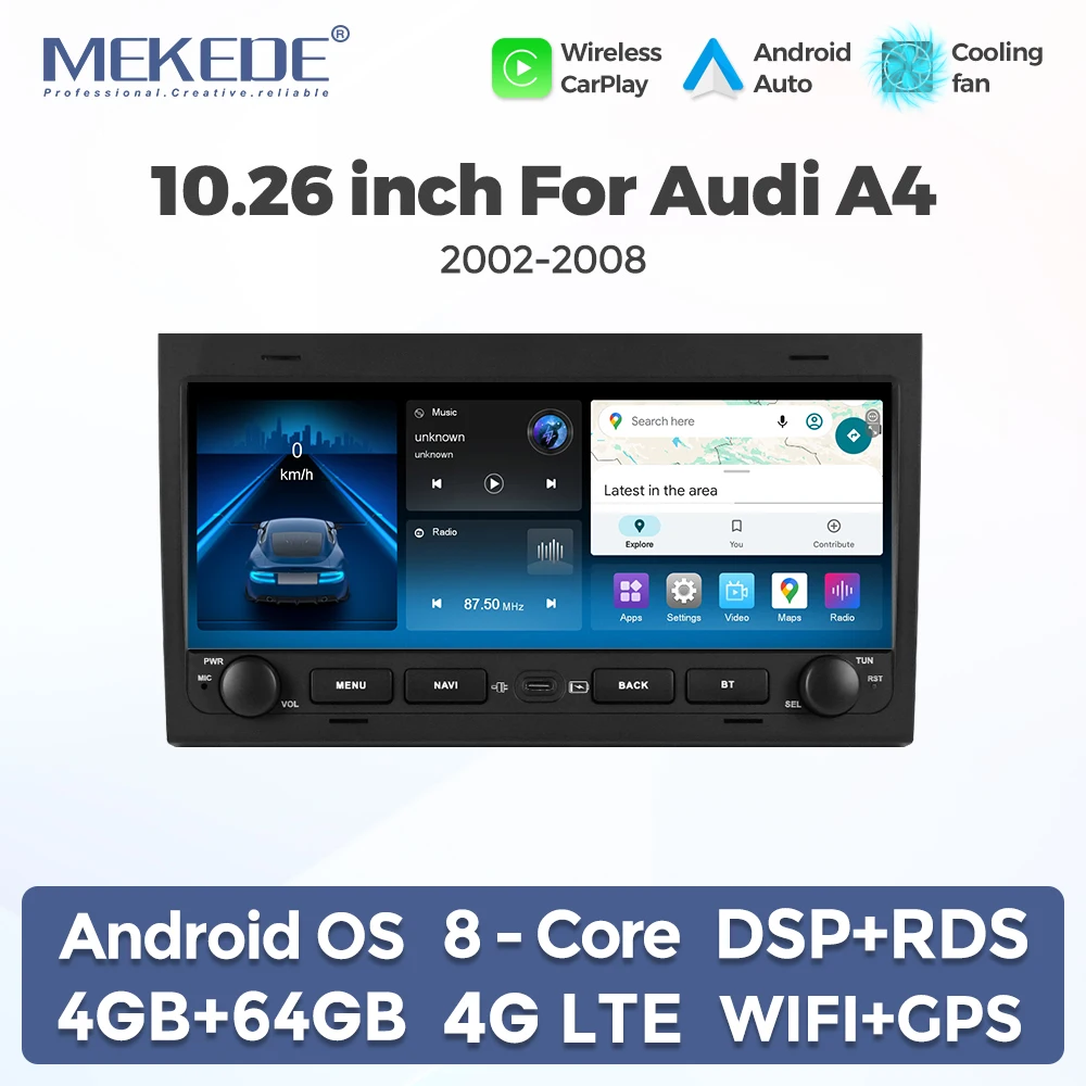Autoradio MEKEDE 10,26 po sans fil CarPlay Android Auto pour Audi A4 S4 RS4 2002-2008