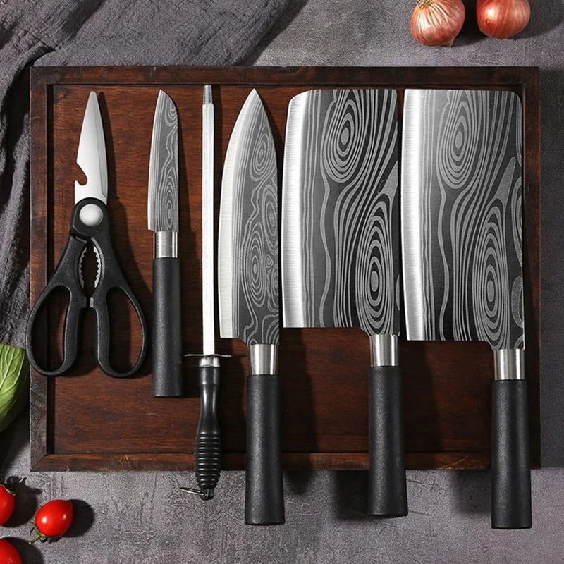 Ensemble couteaux de cuisine Damascus avec ciseaux et fusil à aiguiser