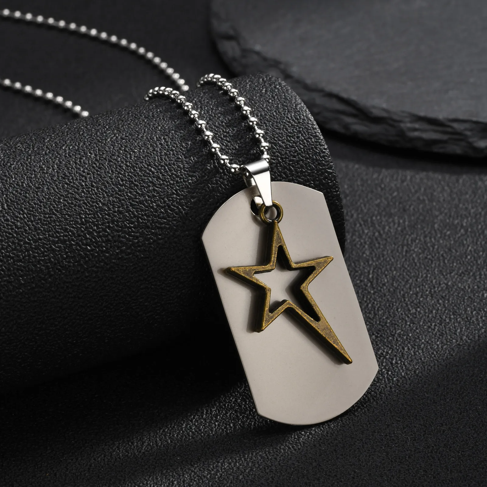 Collier pendentif géométrique VNOX pour hommes, chaîne à perles bronze antique avec étoile creuse, style punk streetwear