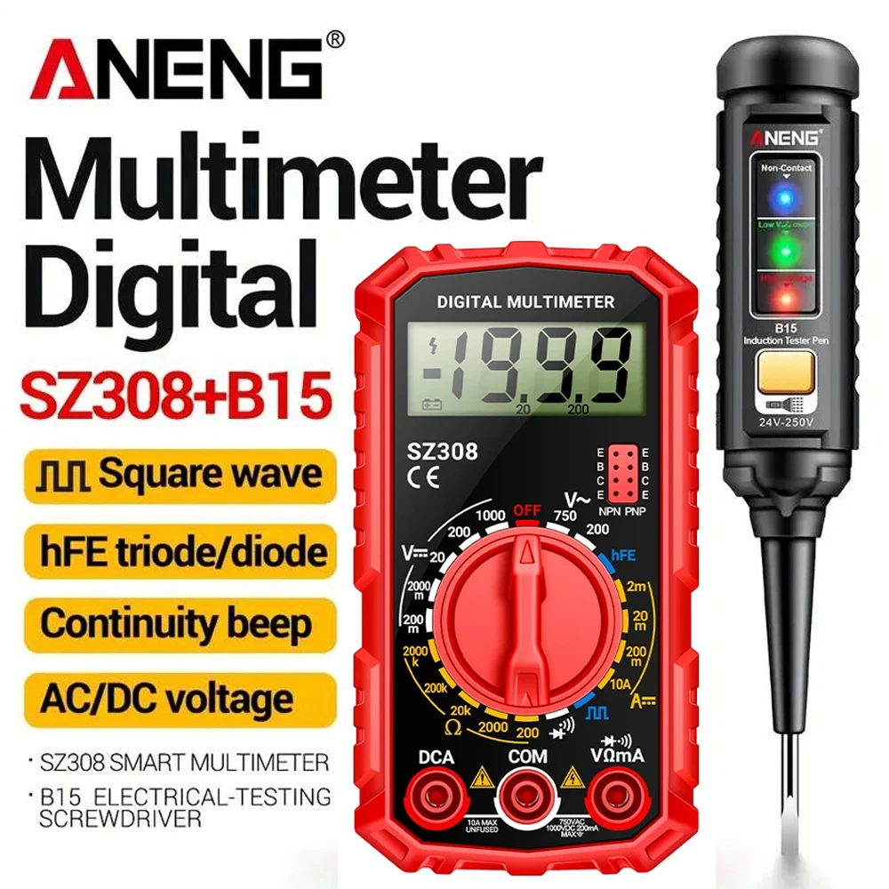 Ensemble multimètre ANENG SZ308 + testeur de tension B15 – Détecteur sans contact 1999 points 24-250V