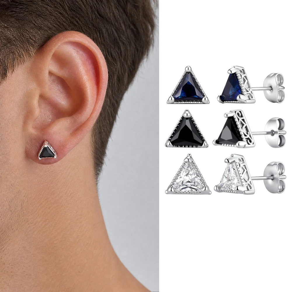 Boucles d'oreilles clous triangulaires VNOX avec zircons cubiques pour hommes - Cuivre noir, bleu ou blanc