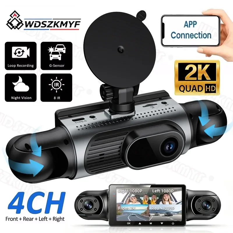 Caméra de bord 2K 4 canaux avec appli, vision nocturne, détection de mouvement, surveillance 24/7 et boîte noire pour Toyota