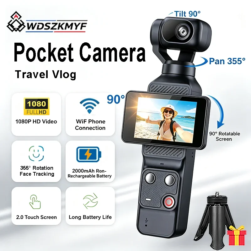 Caméra d'action compacte 1080P avec écran tactile 2 pouces, stabilisateur gimbal 355° et suivi de visage