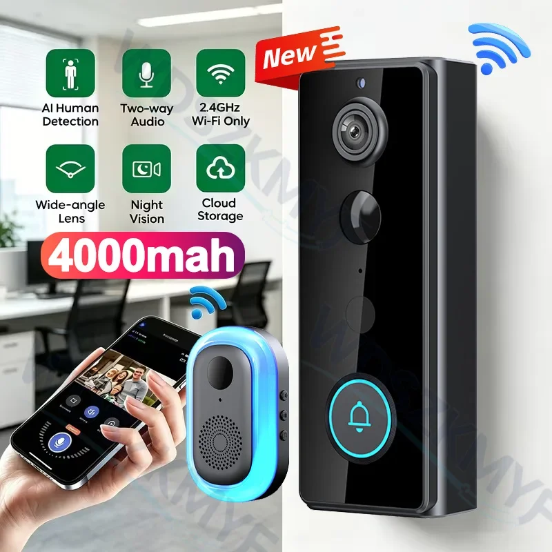 Sonnette vidéo WiFi TUYA 2.4G 1080P sans fil avec interphone intelligent, caméra IP65 étanche, batterie 4000mAh