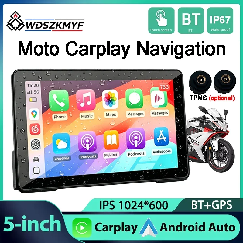 Écran de navigation GPS pour moto 5 po avec CarPlay sans fil, Android Auto et moniteur de pression des pneus