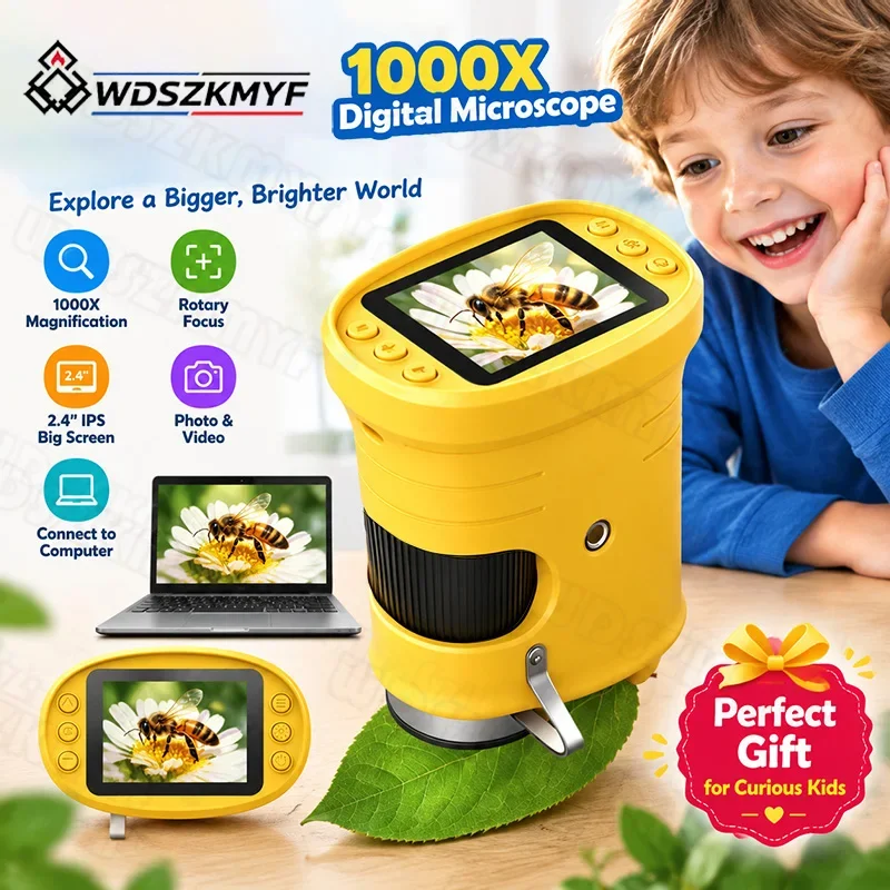 Microscope numérique portatif 1000X pour enfants avec écran 2,4 po, caméra vidéo et lanière