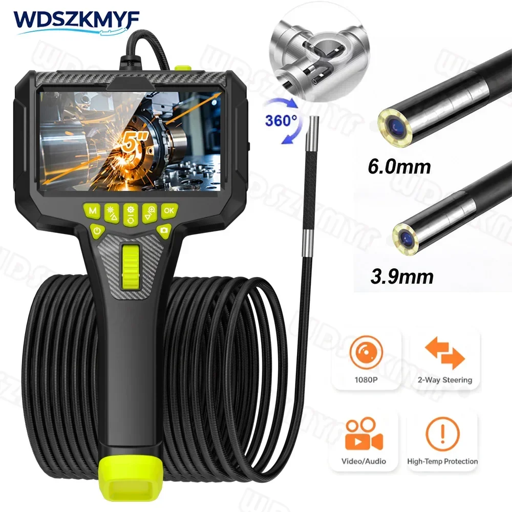 Caméra endoscope industrielle 360° articulée 3,9 mm/6 mm HD avec écran 5" pour inspection de tuyauterie et moteur automobile